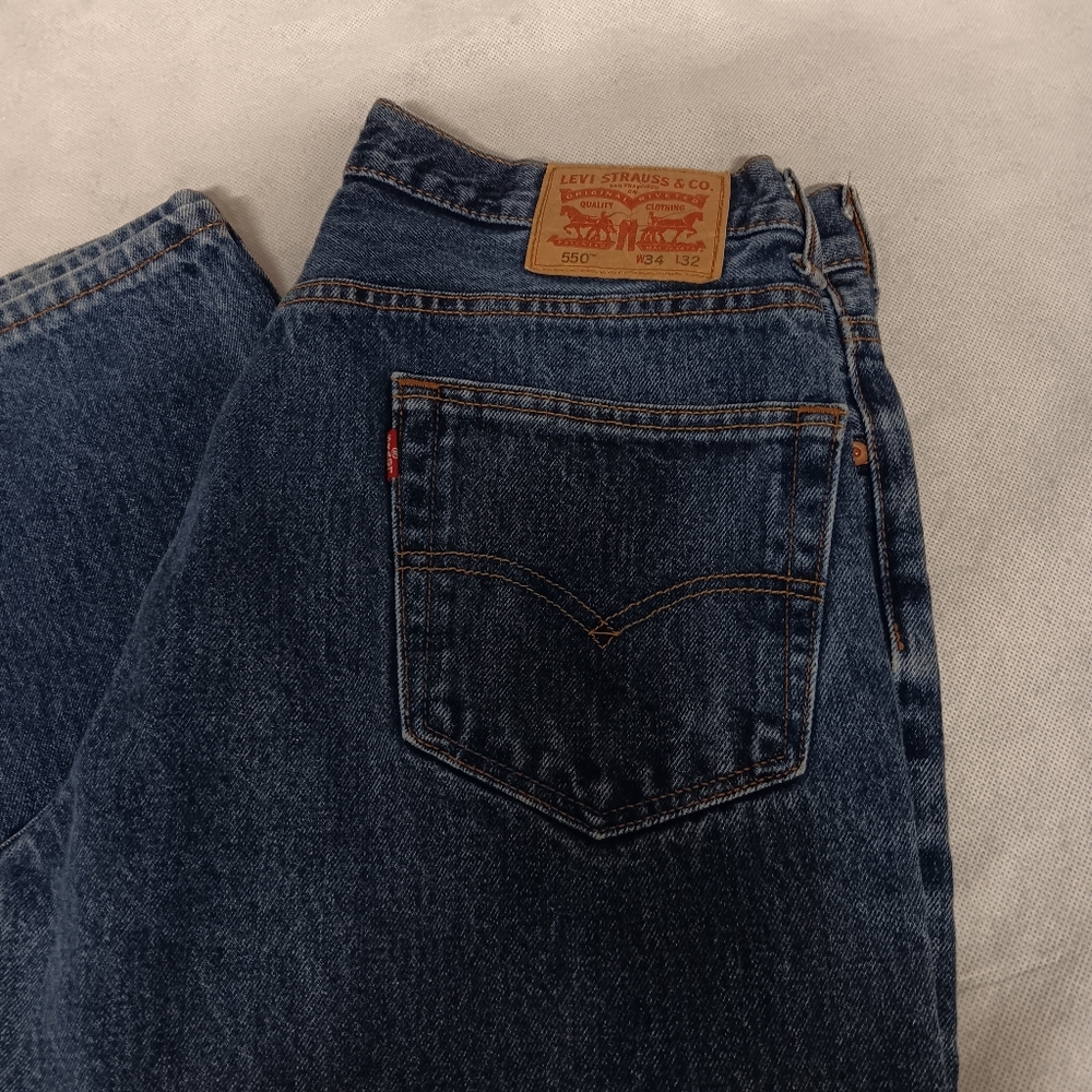 Levi's 550 Blue Jeans 34x32 Dark Wash Straight Leg - Stained on Left Leg Front